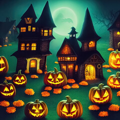Fototapeta premium Jack O’ Lanterns pumpkins glowing at spooky mysterious Halloween night. Digital 3D illustration.