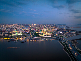Panorama night city Kazan kremlin and Kul Sharif mosque Russia, aerial top view.