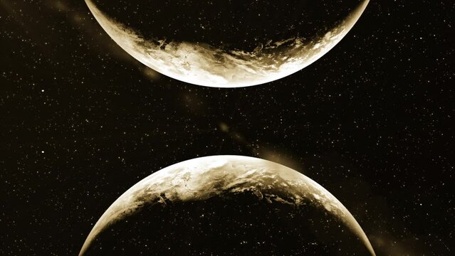 3D animation with approaching planets. Motion. Collision of parallel planets on background of space and rays of light. Timelapse of catastrophic collision of planets