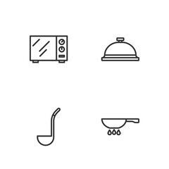 Set line Frying pan on fire, Kitchen ladle, Microwave oven and Covered with tray of food icon. Vector