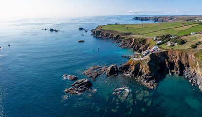 Aerial view of the most Southerly point in England on The Lizard peninsula in Cornwall