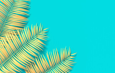 Tropical palm leaves background. Summer tropical leaf. Exotic hawaiian jungle, summertime party design for trendy poster, flyer, banner, card, cover, brochure. 3d render.