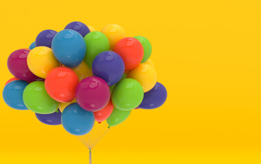 Fototapeta na wymiar A bunch of colorful balloons on yellow background. Empty space for birthday, party, promotion social media banners, posters. 3d render balloons