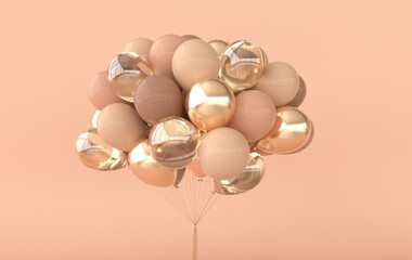 A bunch of glossy golden and beige balloons. Empty space for birthday, party, promotion social media banners, posters. 3d render balloons background © Meranna