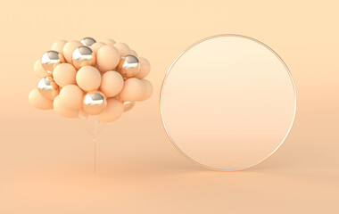 3d render illustration of realistic colorful balloons and frame for text, beige background. Empty space for party, promotion social media banners, posters.