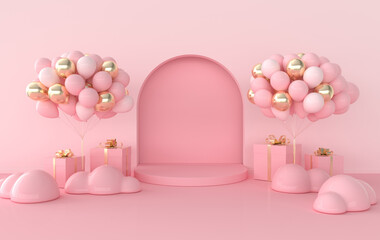 Wall scene with arch, balloons, present box, podium, clouds. 3D rendering interior. Platform for product presentation, mock up background.