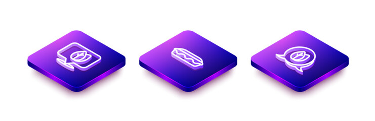 Set Isometric line Location with leaf, Homemade pie and Leaf icon. Vector