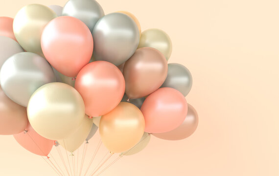 A bunch of pastel colored balloons on beige background. Empty space for birthday, party, promotion social media banners, posters. 3d render balloons