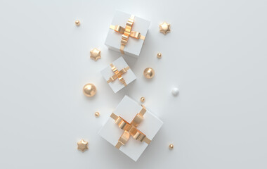 Merry Christmas and Happy New Year 3d render illustration card with white, golden xmas balls, stars, gift box, ornaments