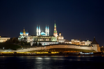 Fototapeta na wymiar Panorama night city Kazan kremlin and Kul Sharif mosque Russia