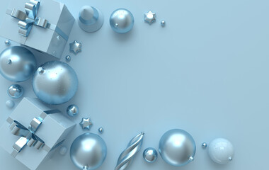 Merry Christmas and Happy New Year 3d render illustration card with blue and silver xmas balls, stars, christmas tree, gift box, ornaments