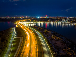 Panorama night city Kazan. Millennium Bridge. Russia, aerial top view.