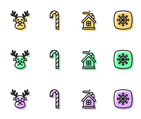 Set line Merry Christmas house, Reindeer, Candy cane with stripes and Snowflake icon. Vector