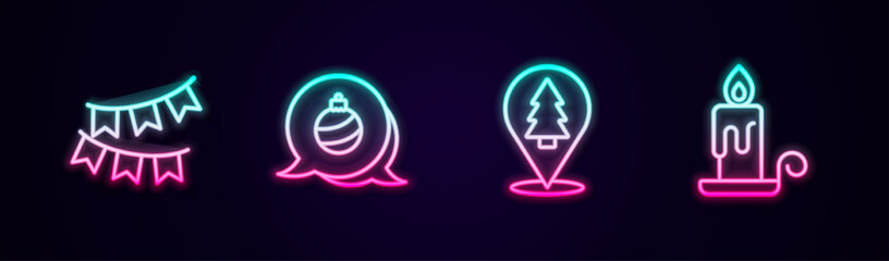 Fototapeta na wymiar Set line Carnival garland with flags, Christmas ball, tree and Burning candle. Glowing neon icon. Vector