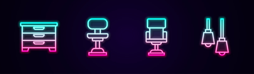 Fototapeta premium Set line Chest of drawers, Office chair, and Lamp hanging. Glowing neon icon. Vector