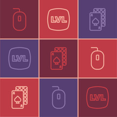 Set line Computer mouse, Playing cards and Level game icon. Vector