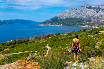 Naklejka premium a beautiful long-haired girl in a black summer dress stands on top of a mountain overlooking a paradisiacal Croatian bay and the mighty green mountains in the background; vacation in croatia on the pe