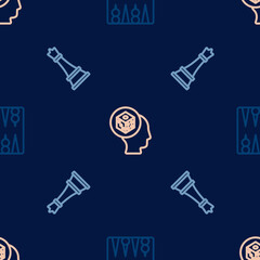 Set line Backgammon board, Chess and Game dice on seamless pattern. Vector