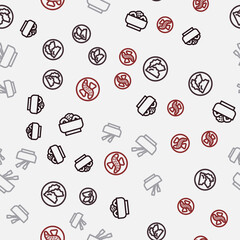 Set line Chow mein on plate, Dumpling, Asian noodles bowl and Served cucumber on seamless pattern. Vector
