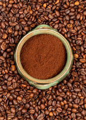 Ground coffee in a clay green pot. There are whole coffee grains around. Invigorating aroma. The beginning of the day. A variety of taste. Caffeine. Good morning