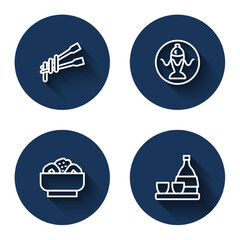 Set line Food chopsticks with noodles, Served fish on a plate, Chow mein and Bottle of sake with long shadow. Blue circle button. Vector