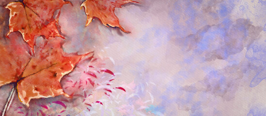 Naklejka na ściany i meble Autumn leaves. Watercolor background. Design element.
