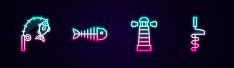 Set line Fishing rod and fish, skeleton, Lighthouse and Hand ice drill. Glowing neon icon. Vector