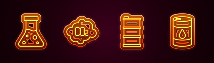 Set line Oil petrol test tube, CO2 emissions in cloud, Barrel oil and . Glowing neon icon. Vector