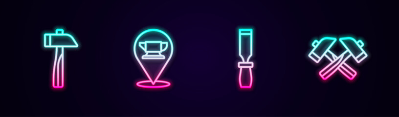 Set line Hammer, Blacksmith anvil tool, Rasp metal file and Crossed hammer. Glowing neon icon. Vector