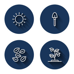 Set line Sun, Shovel, Seeds of specific plant and Sprout with long shadow. Blue circle button. Vector