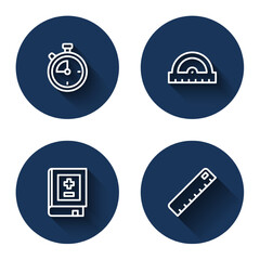 Set line Stopwatch, Protractor grid, Book with mathematics and Ruler with long shadow. Blue circle button. Vector
