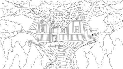Vector illustration, old house on a tall tree