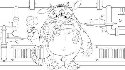 Vector illustration, funny cartoon monster eating ice cream in the basement of the house