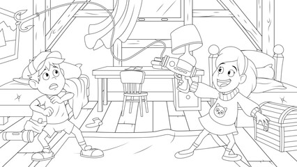 Vector illustration, coloring book children play in the room, hooligans
