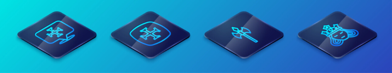 Set Isometric line Medieval axe, Crusade, Princess or queen and icon. Vector