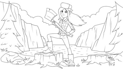 Vector illustration, a girl lumberjack cuts trees near the lake