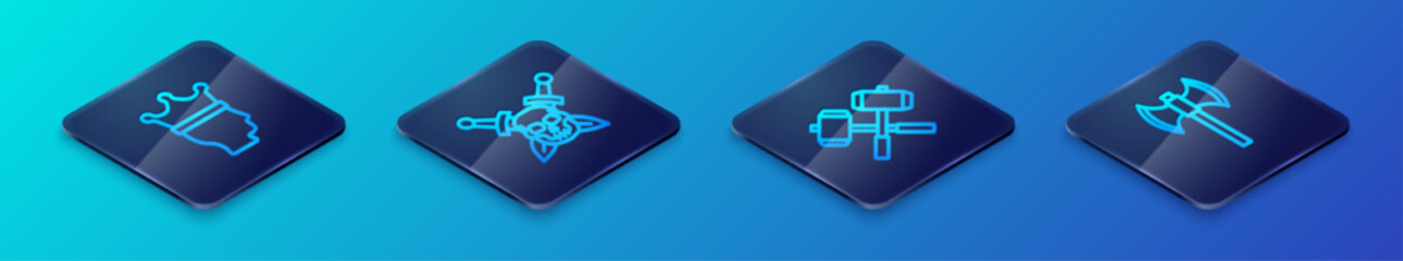 Set Isometric line Crossed battle hammers, King crown, Medieval poleaxe and Skull with sword icon. Vector