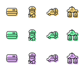 Set line Taximeter device, Credit card, service rating and icon. Vector