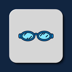 Filled outline Glasses for swimming icon isolated on blue background. Goggles sign. Diving underwater equipment. Vector