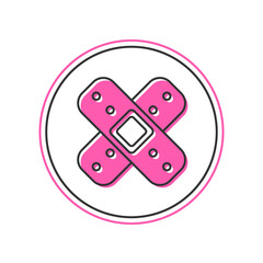 Filled outline Crossed bandage plaster icon isolated on white background. Medical plaster, adhesive bandage, flexible fabric bandage. Vector