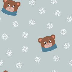 Seamless pattern with a bear in a scarf. Soft style. Cute animal. Snowfall.