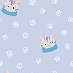 Seamless pattern with a cat in a scarf. Soft style. Cute animal. Snowfall.