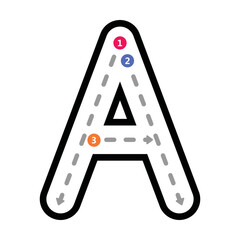 Tracing Alphabet uppercase capital letter A prewriting dotted line element for kindergarten, preschool and Montessori school kids worksheet for handwriting practice activity.