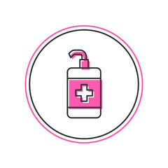 Obraz premium Filled outline Hand sanitizer bottle icon isolated on white background. Disinfection concept. Washing gel. Alcohol bottle for hygiene. Vector