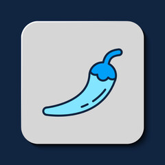 Filled outline Hot chili pepper pod icon isolated on blue background. Design for grocery, culinary products, seasoning and spice package, cooking book. Vector