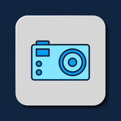 Filled outline Photo camera icon isolated on blue background. Foto camera. Digital photography. Vector
