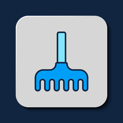 Filled outline Garden rake icon isolated on blue background. Tool for horticulture, agriculture, farming. Ground cultivator. Vector