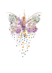 Woman silhouette with abstract butterfy decorated with flowers, mosaic print, in lines. Hand drawn vector illustration. 