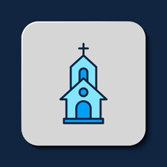 Filled outline Church building icon isolated on blue background. Christian Church. Religion of church. Vector