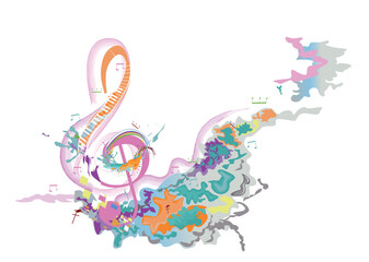 Abstract musical design with a treble clef and colorful splashes, notes and waves.  Colorful treble clef. Hand drawn vector illustration.